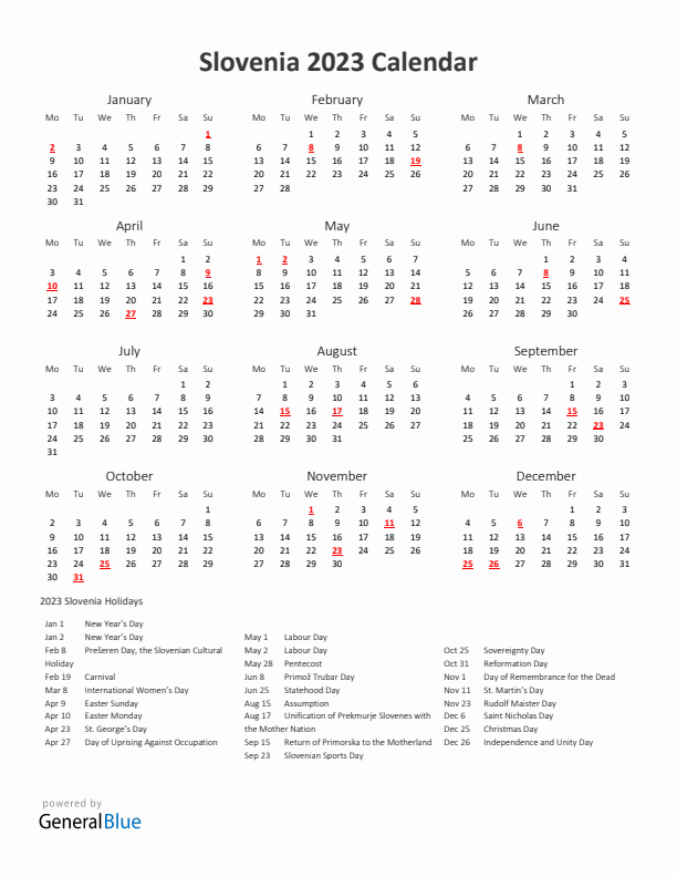 2023 Yearly Calendar Printable With Slovenia Holidays