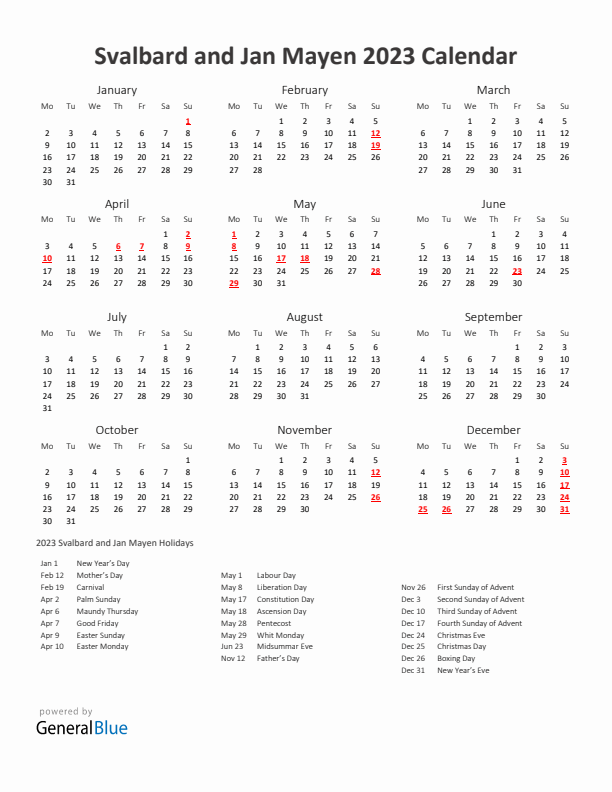 2023 Yearly Calendar Printable With Svalbard and Jan Mayen Holidays