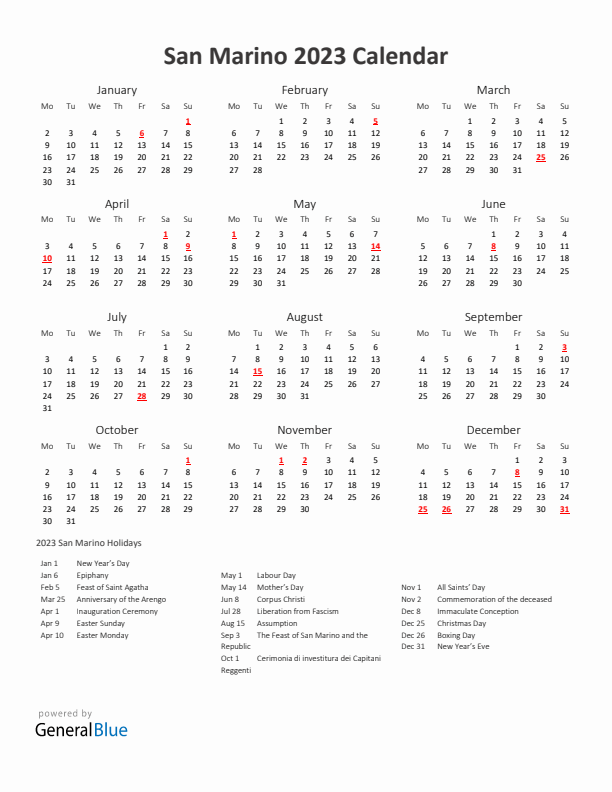 2023 Yearly Calendar Printable With San Marino Holidays