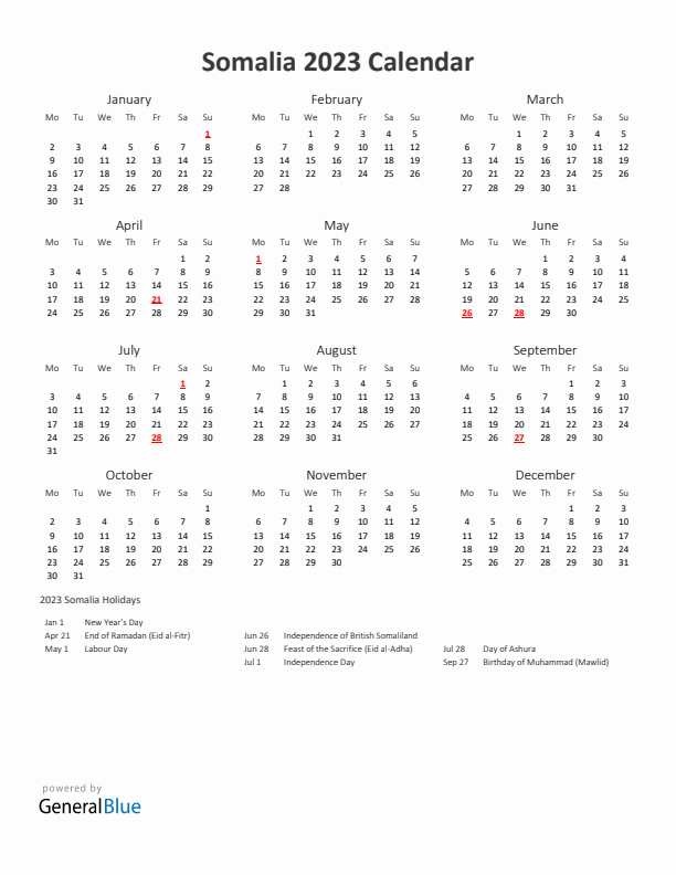 2023 Yearly Calendar Printable With Somalia Holidays