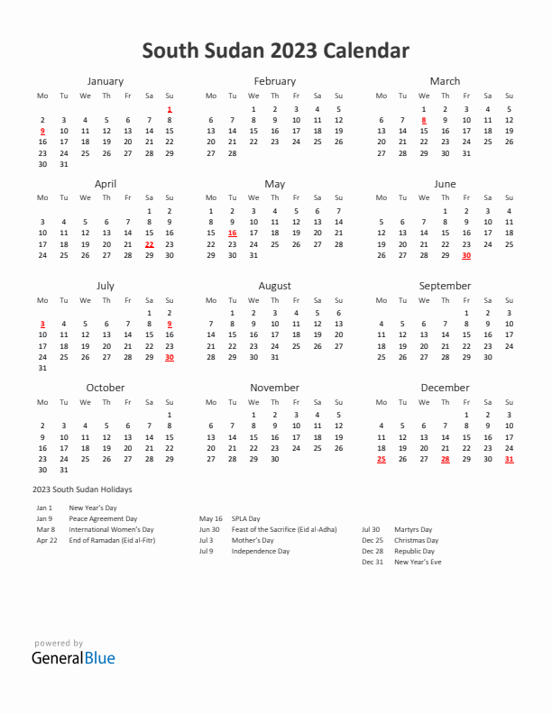 2023 Yearly Calendar Printable With South Sudan Holidays