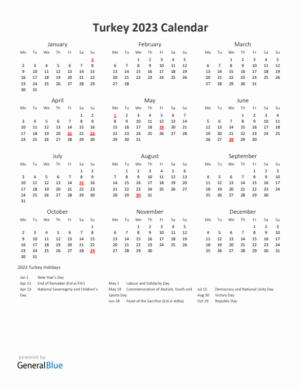 2023 Yearly Calendar Printable With Turkey Holidays