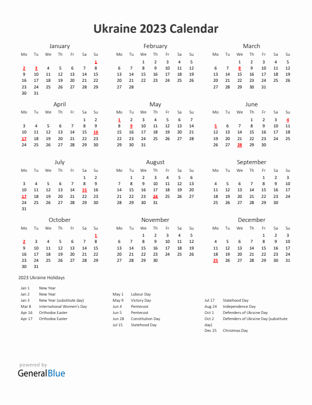 2023 Yearly Calendar Printable With Ukraine Holidays