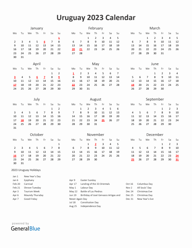 2023 Yearly Calendar Printable With Uruguay Holidays