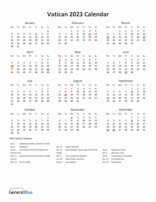 2023 Yearly Calendar Printable With Vatican Holidays