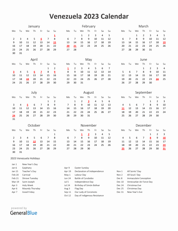 2023 Yearly Calendar Printable With Venezuela Holidays