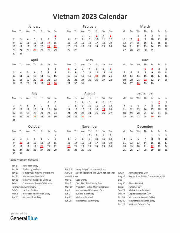 2023 Yearly Calendar Printable With Vietnam Holidays