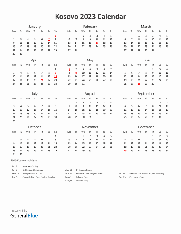 2023 Yearly Calendar Printable With Kosovo Holidays