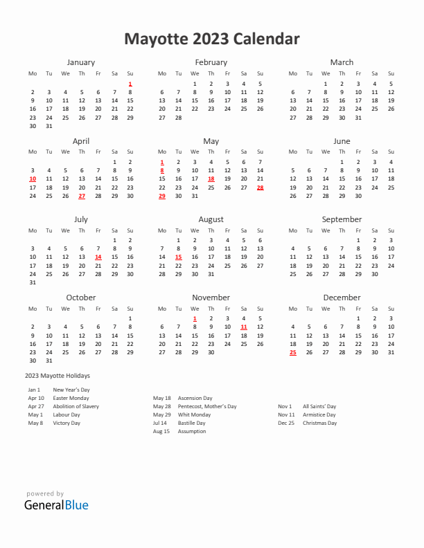 2023 Yearly Calendar Printable With Mayotte Holidays