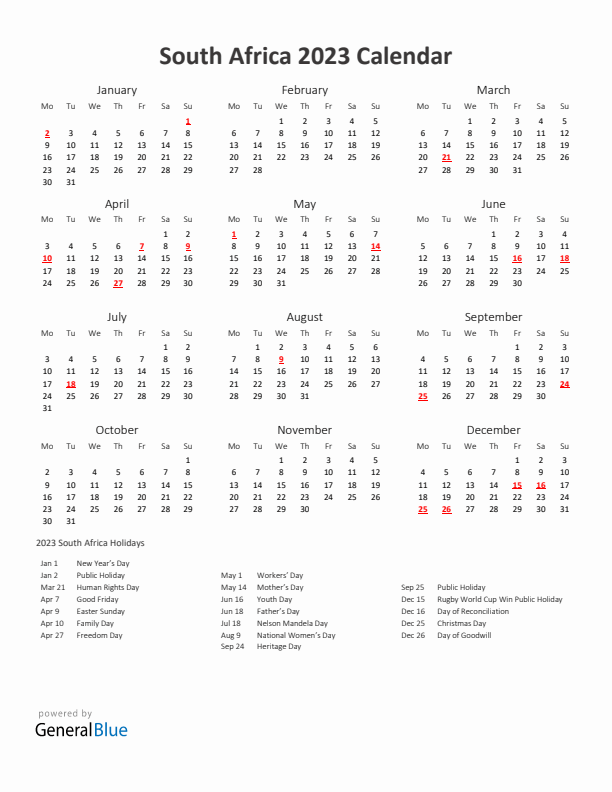 2023 Yearly Calendar Printable With South Africa Holidays