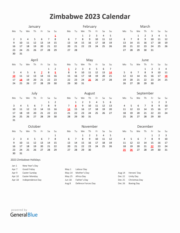 2023 Yearly Calendar Printable With Zimbabwe Holidays