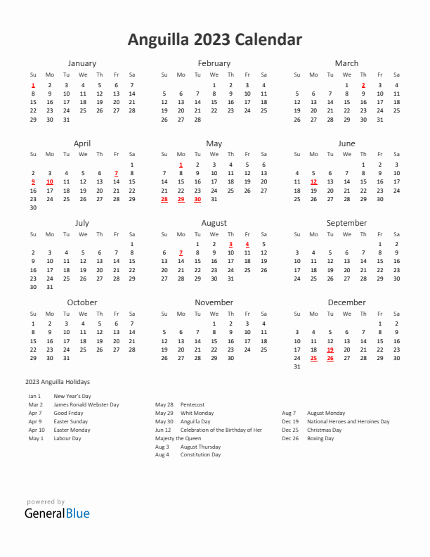 2023 Yearly Calendar Printable With Anguilla Holidays