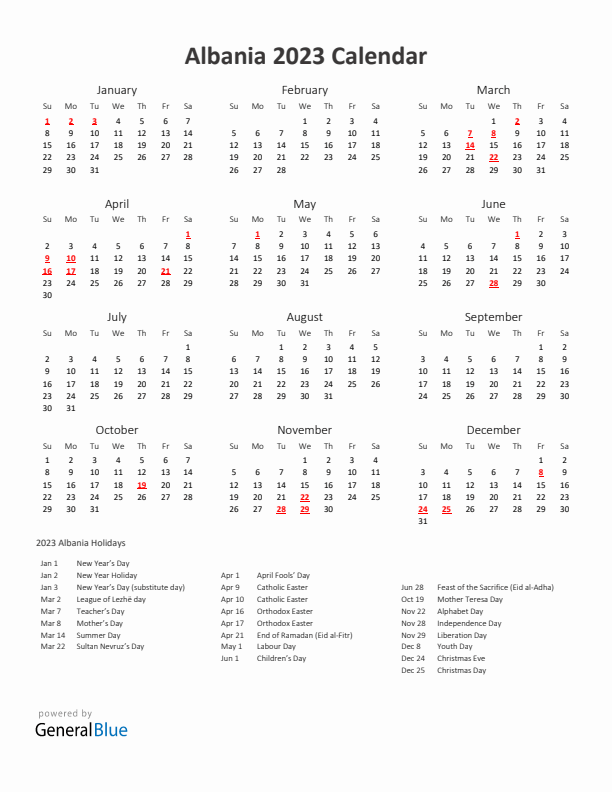 2023 Yearly Calendar Printable With Albania Holidays