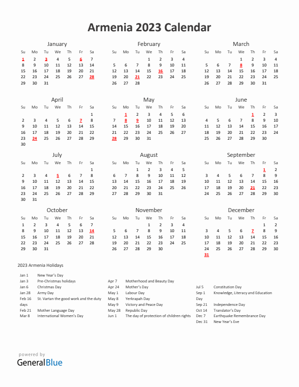 2023 Yearly Calendar Printable With Armenia Holidays