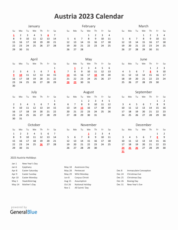 2023 Yearly Calendar Printable With Austria Holidays