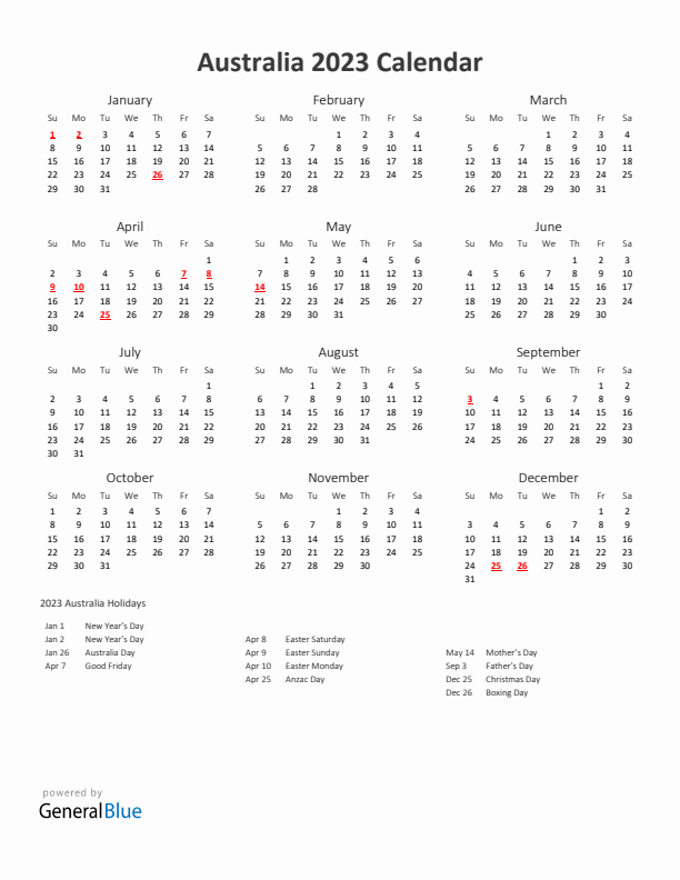 2023 Yearly Calendar Printable With Australia Holidays