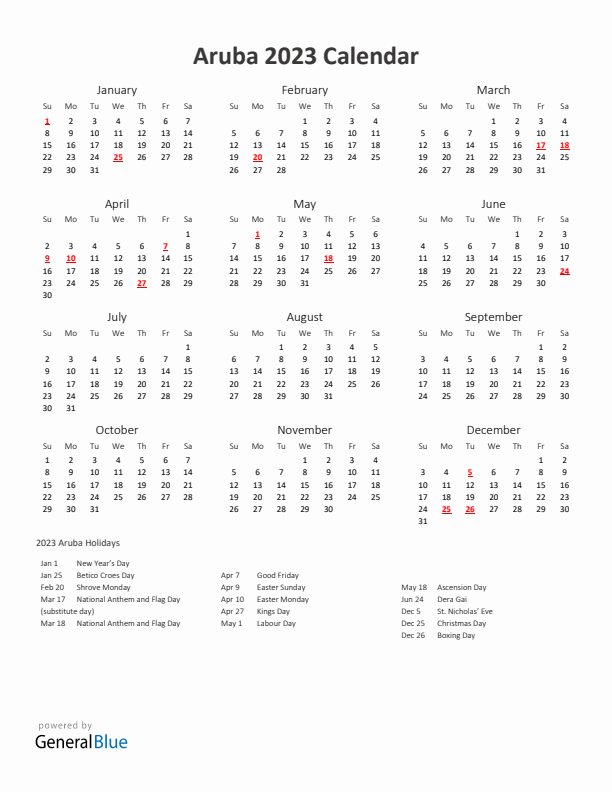 2023 Yearly Calendar Printable With Aruba Holidays