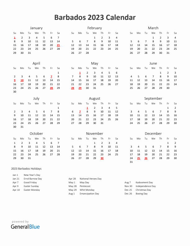 2023 Yearly Calendar Printable With Barbados Holidays