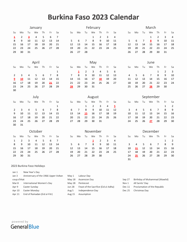 2023 Yearly Calendar Printable With Burkina Faso Holidays