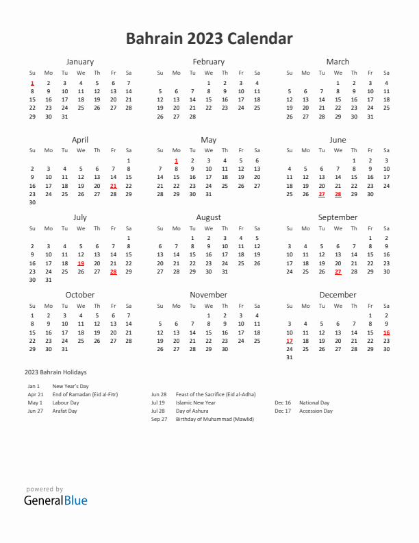 2023 Yearly Calendar Printable With Bahrain Holidays