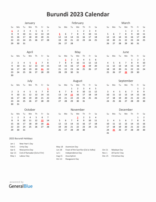 2023 Yearly Calendar Printable With Burundi Holidays