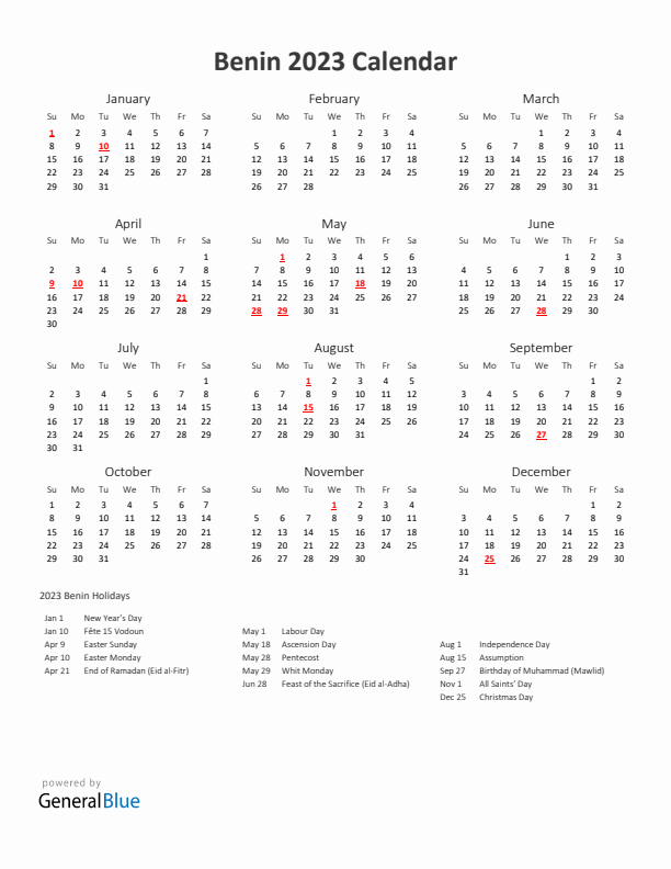 2023 Yearly Calendar Printable With Benin Holidays