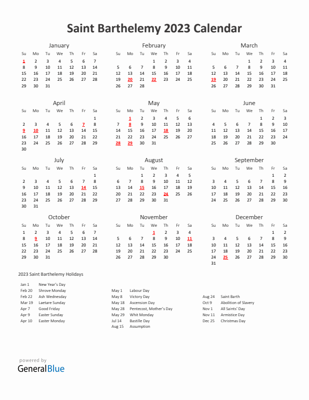 2023 Yearly Calendar Printable With Saint Barthelemy Holidays