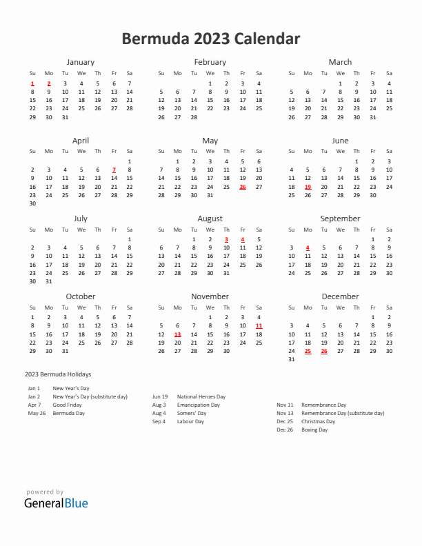 2023 Yearly Calendar Printable With Bermuda Holidays