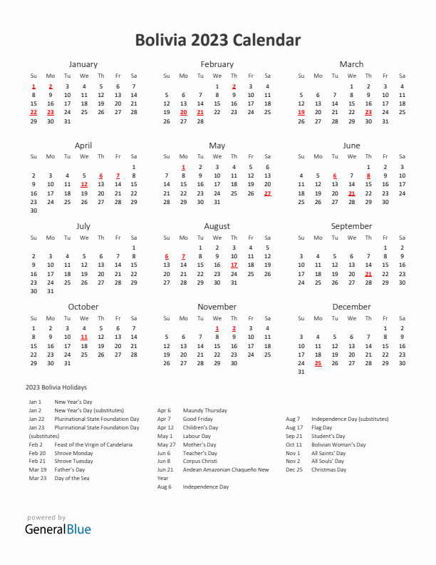 2023 Yearly Calendar Printable With Bolivia Holidays