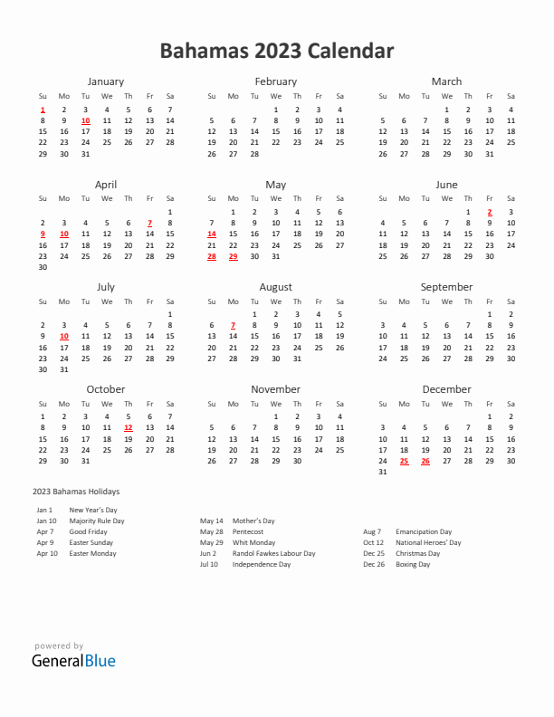 2023 Yearly Calendar Printable With Bahamas Holidays