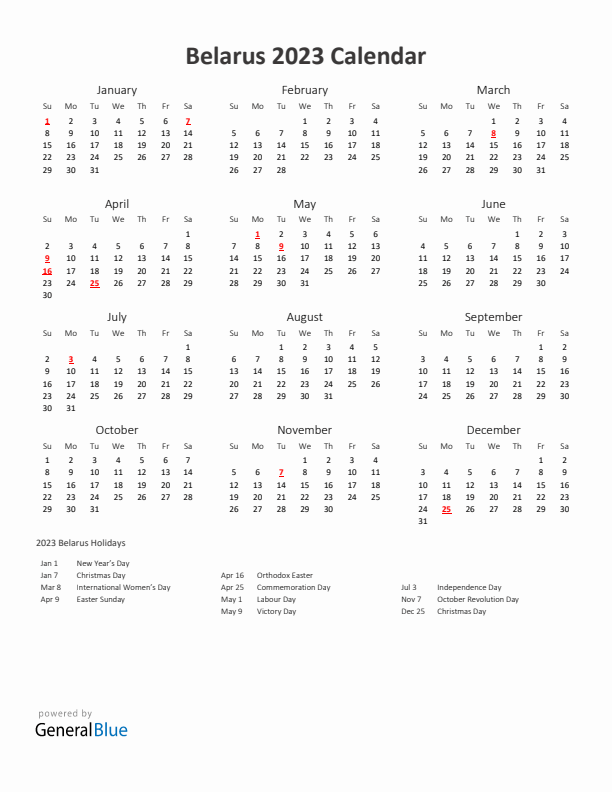 2023 Yearly Calendar Printable With Belarus Holidays