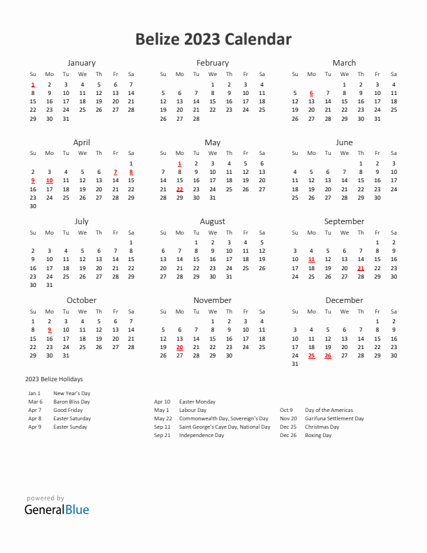 2023 Yearly Calendar Printable With Belize Holidays