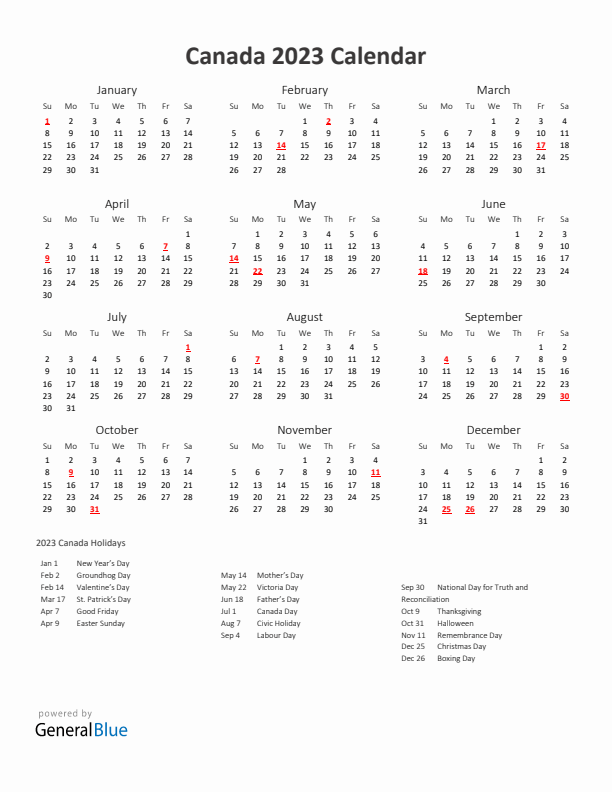 2023 Yearly Calendar Printable With Canada Holidays