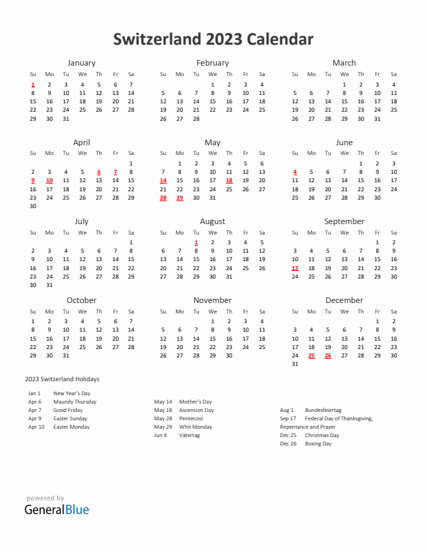 2023 Yearly Calendar Printable With Switzerland Holidays