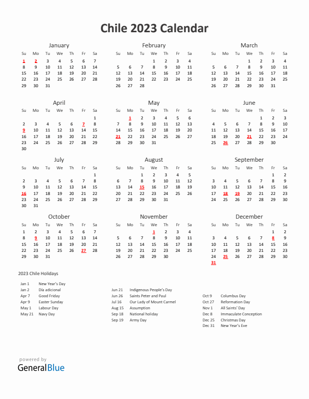 2023 Yearly Calendar Printable With Chile Holidays