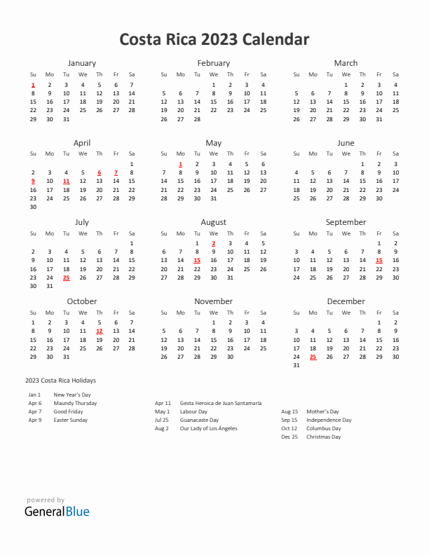 2023 Yearly Calendar Printable With Costa Rica Holidays