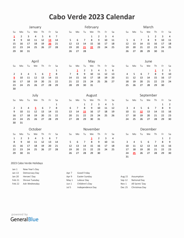 2023 Yearly Calendar Printable With Cabo Verde Holidays