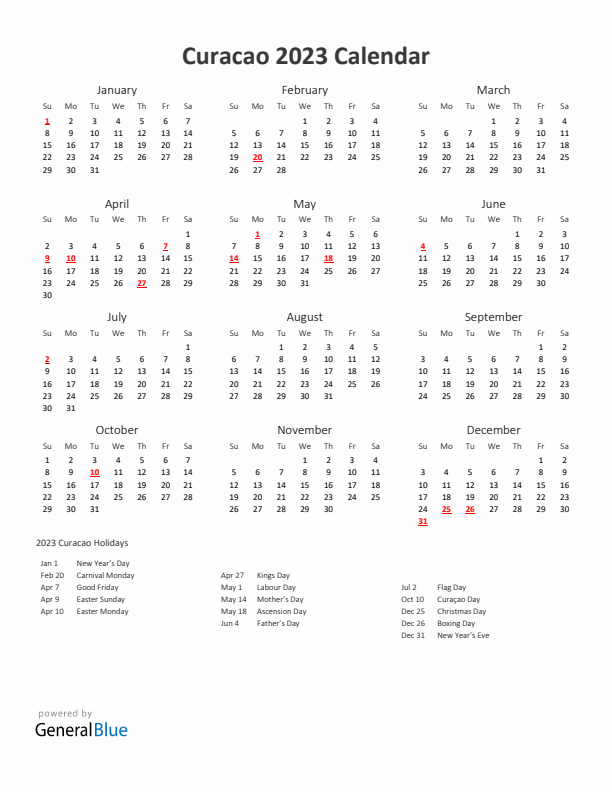 2023 Yearly Calendar Printable With Curacao Holidays