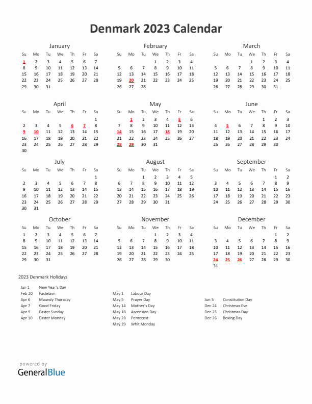 2023 Yearly Calendar Printable With Denmark Holidays