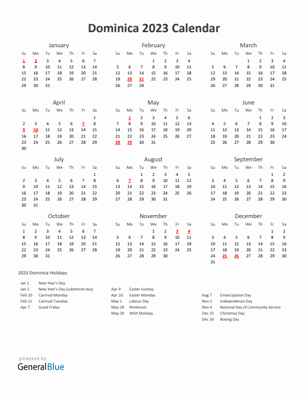 2023 Yearly Calendar Printable With Dominica Holidays