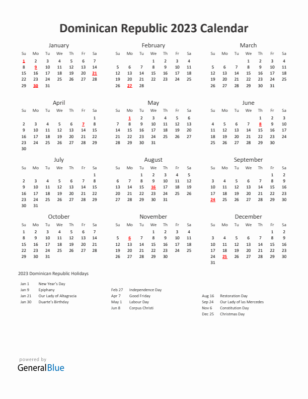 2023 Yearly Calendar Printable With Dominican Republic Holidays