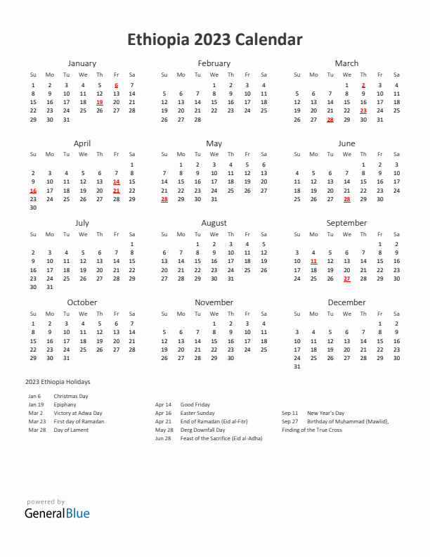 2023 Yearly Calendar Printable With Ethiopia Holidays