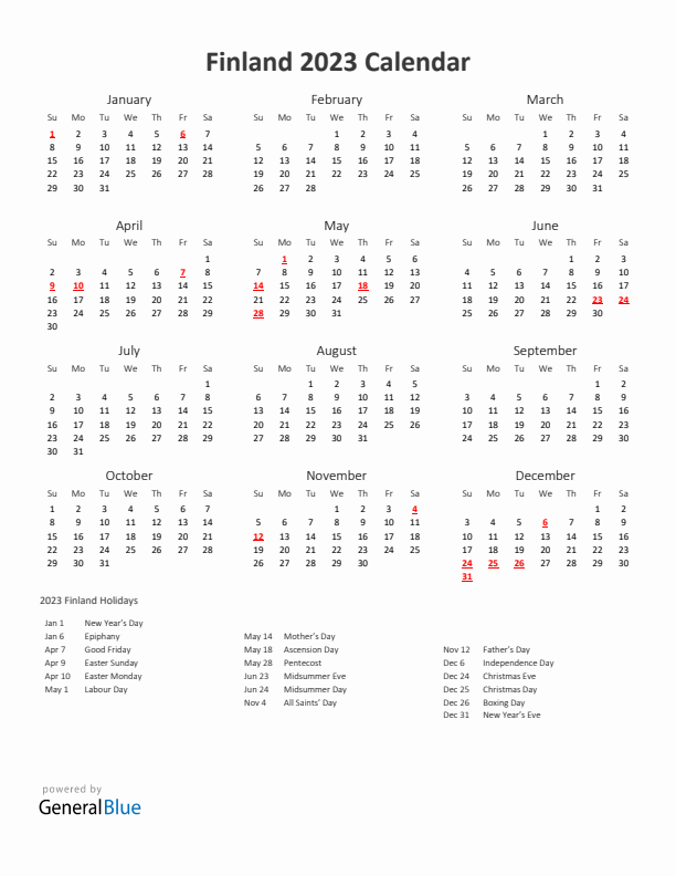 2023 Yearly Calendar Printable With Finland Holidays