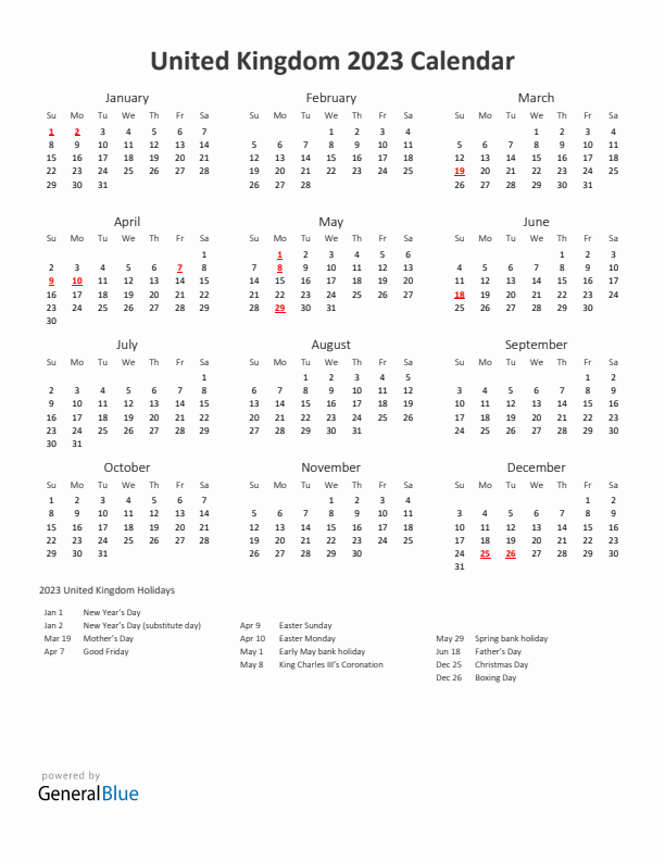 2023 Yearly Calendar Printable With United Kingdom Holidays