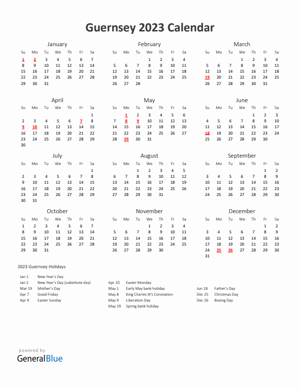 2023 Yearly Calendar Printable With Guernsey Holidays