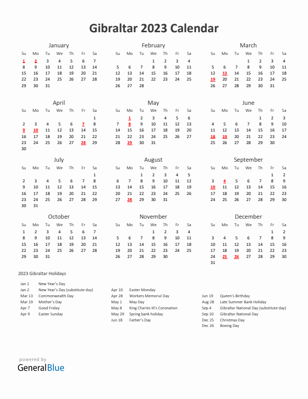 2023 Yearly Calendar Printable With Gibraltar Holidays