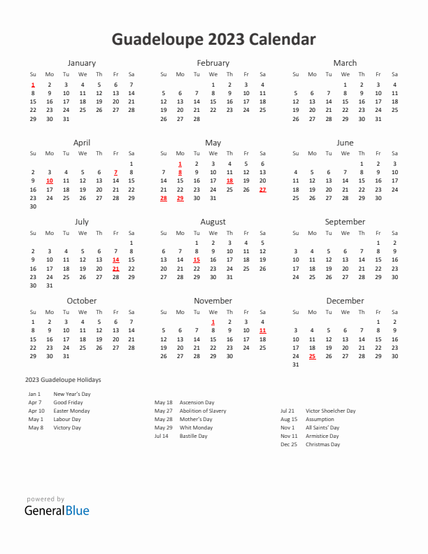 2023 Yearly Calendar Printable With Guadeloupe Holidays