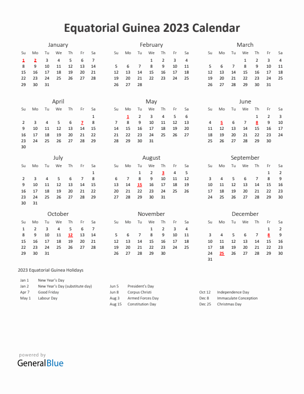 2023 Yearly Calendar Printable With Equatorial Guinea Holidays