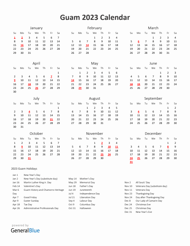 2023 Yearly Calendar Printable With Guam Holidays