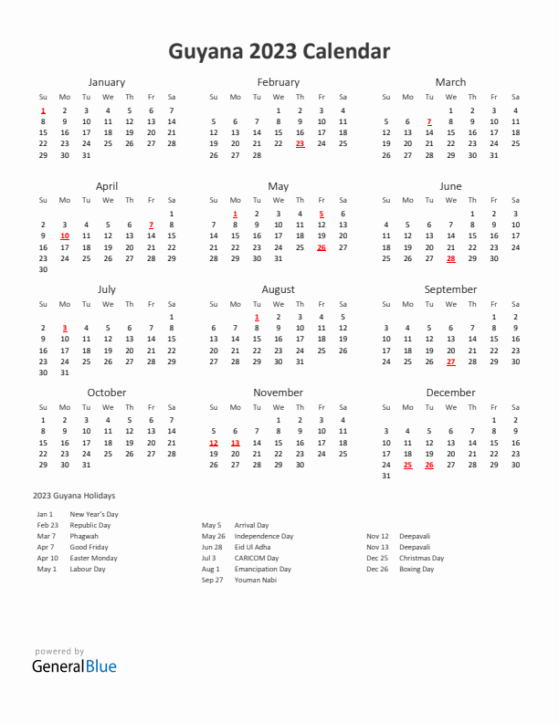 2023 Yearly Calendar Printable With Guyana Holidays